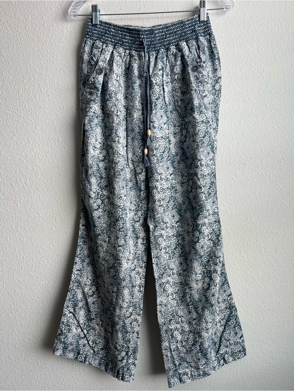 Rewash Boho Floral Smocked Waist Linen Blend Pants Size Large Blue White